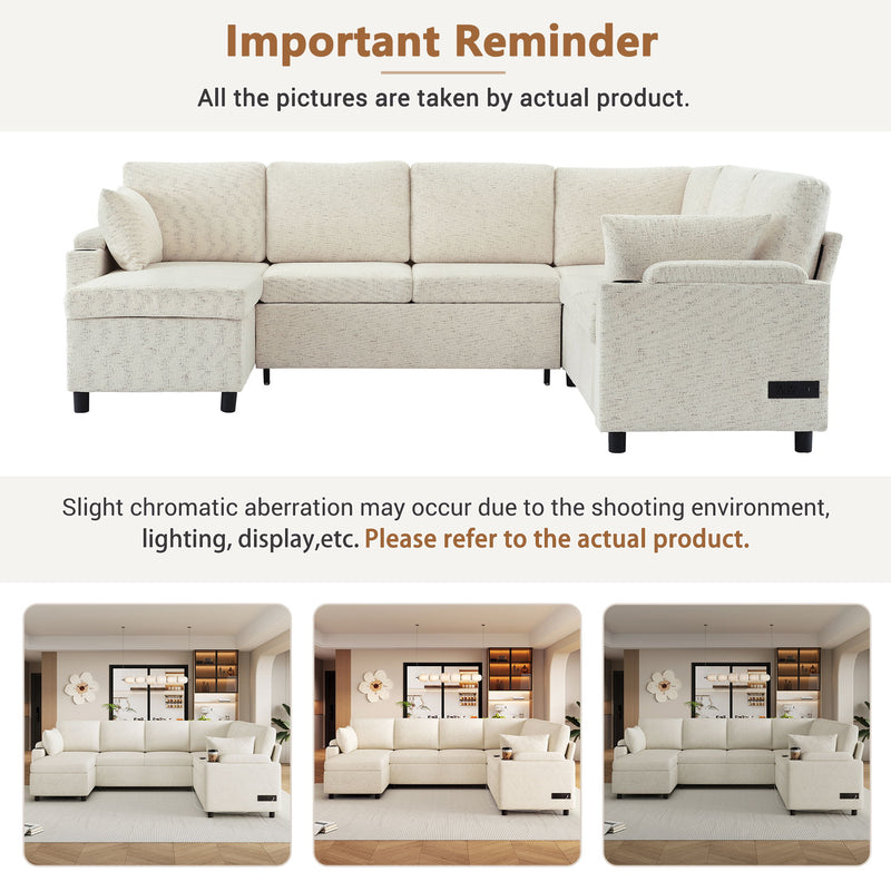 U-Shaped Sectional Sleeper Sofa With Ample Storage Space, 2 Cup Holders And Charging Ports For Living Room