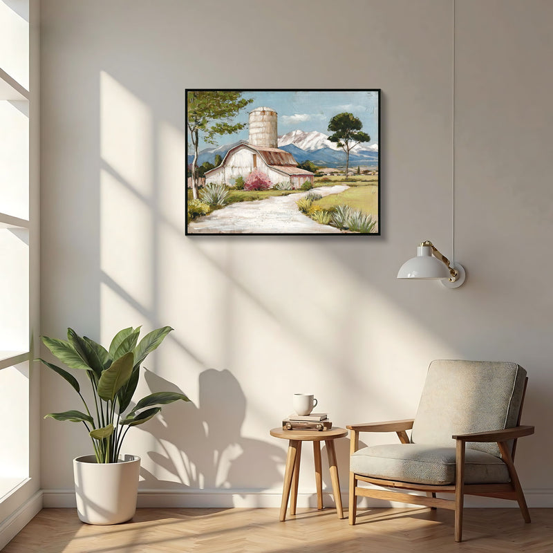 Framed Canvas Wall Art Beautiful Field Painting Wildflower Barn Print Nature Scenery Picture For Home - Blue / Pink