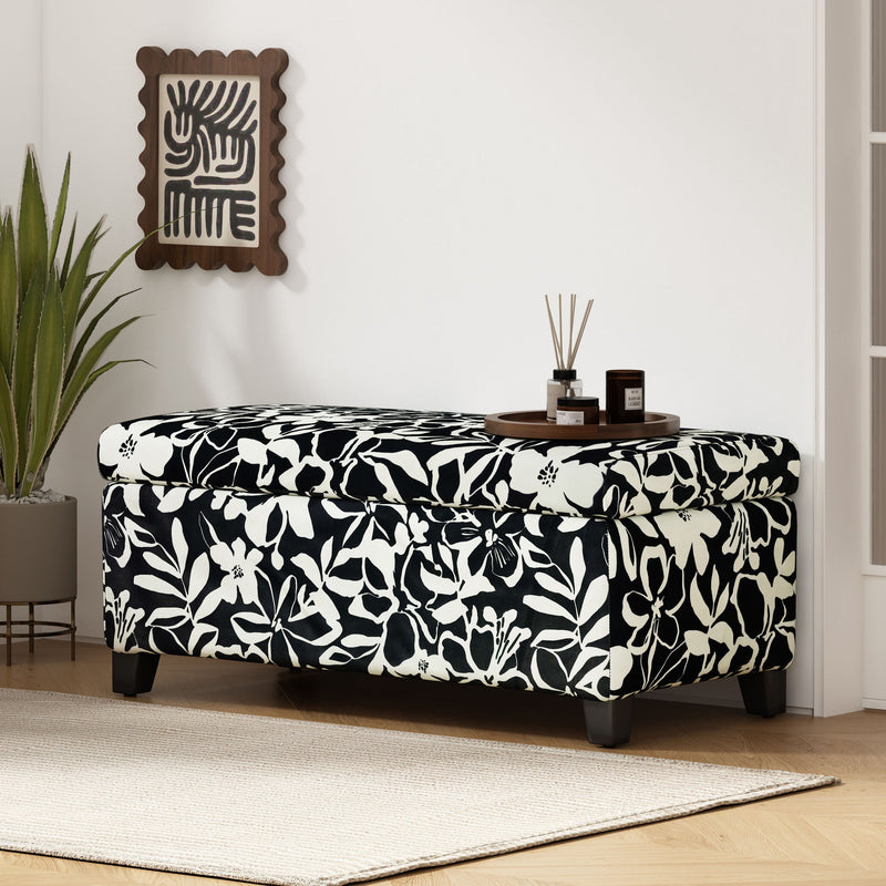 Luxury Storage Ottoman With Floral Patterned Fabric, Soft-Close Hinges, Multi Functional