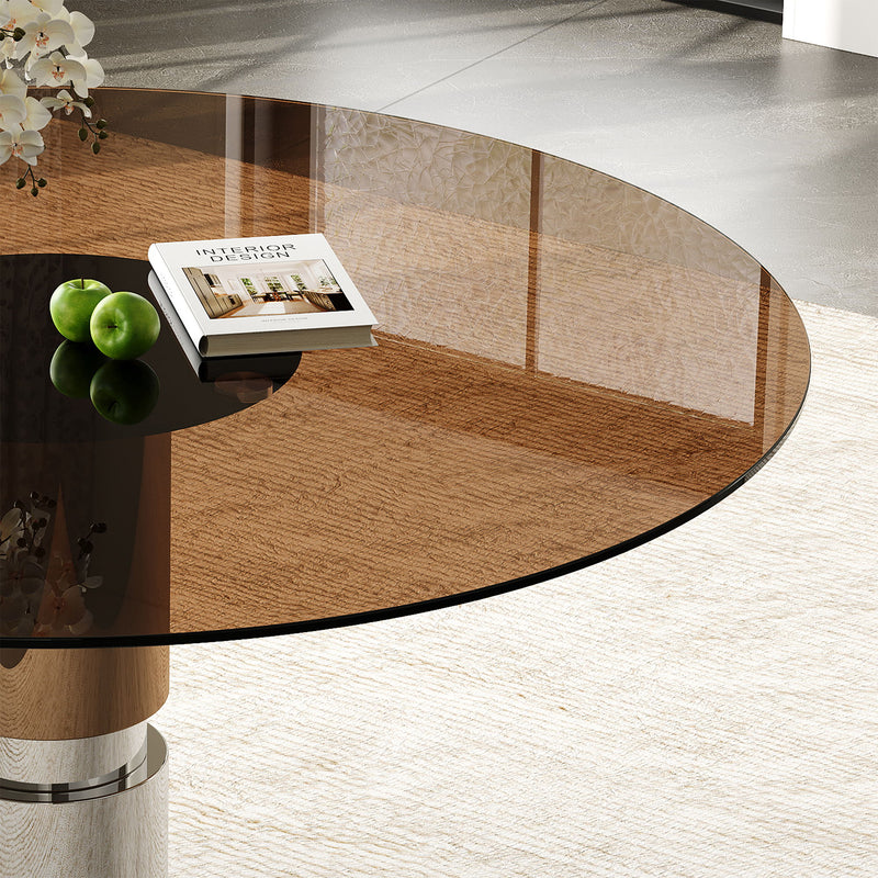 Round Dining Table & Tempered Glass Top - Brown