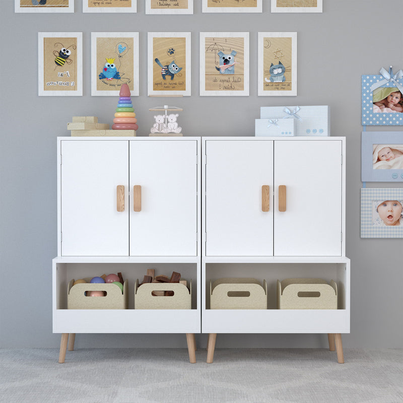 Toy Storage Cabinet With Doors And Open Shelf, Toddler Bookshelf For Playroom - White