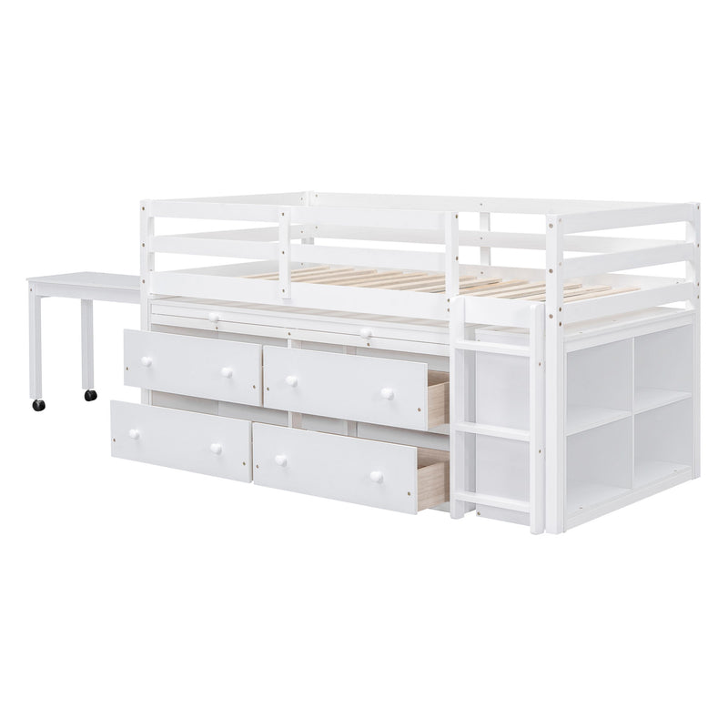 Loft Bed With Retractable Writing Desk And 4 Drawers, With Lateral Portable Desk And Shelves