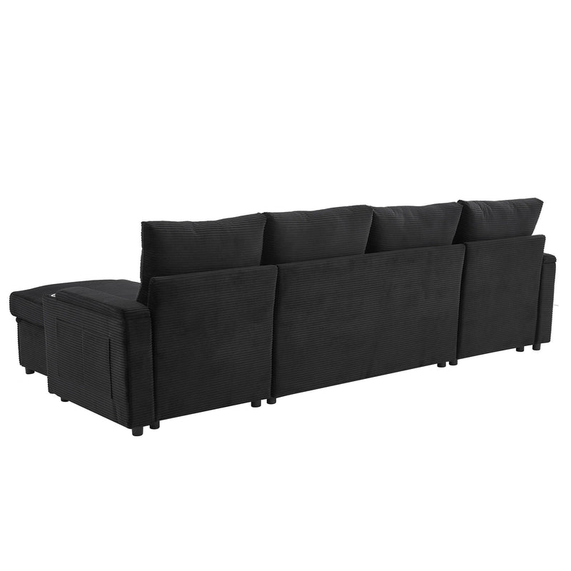 U Shaped Sectional Sofa Bed With Storage Chaise Lounges, USB Ports, And Cup Holders
