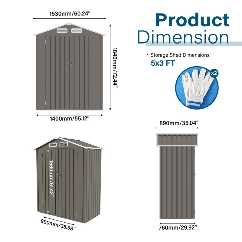 5 X 3 Ft Compact Metal Outdoor Storage Shed With Pitched Roof, Lockable Door - Gray