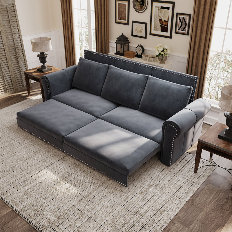 3 In 1 Convertible Sleeper Sofa With Nailhead Trim & Rolled Arm