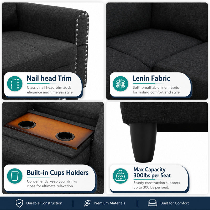 L - Shaped 3 Piece Sectional Sofa With Chaise, Storage Ottoman & Cup Holders
