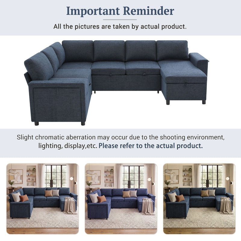 U - Shaped Convertible Sectional Sofa Bed With Storage, USB Charger & Cup Holders