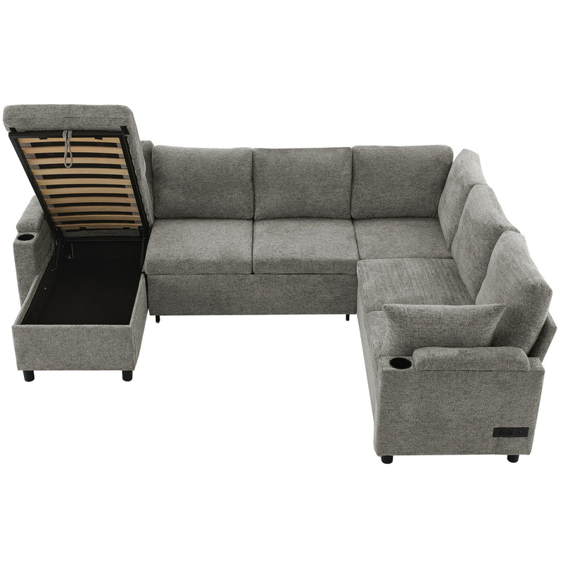 U-Shaped Sectional Sleeper Sofa With Ample Storage Space, 2 Cup Holders And Charging Ports For Living Room