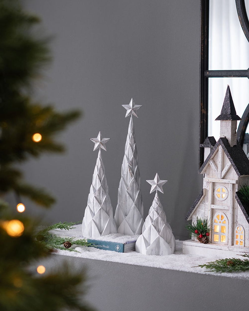 Resin / Foil Christmas Tree With Star Top (Set of 3) - White / Silver