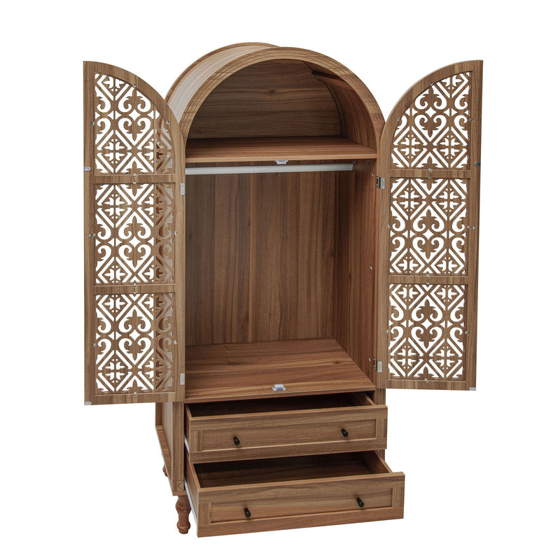 Tall Kitchen Pantry Cabinet With Hollow Carved Doors 2 Drawers And Adjustable Shelves Storage Display Cabinet For Kitchen Dining Room Or Living Room - Walnut