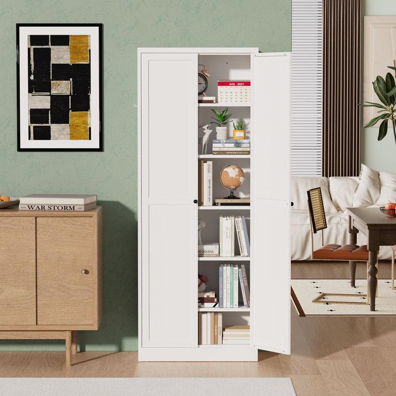 Kitchen Pantry Cabinet With Doors, Heavy-Duty Freestanding Storage Organizer With 5 Adjustable Shelves, Tool Free Assembly - White