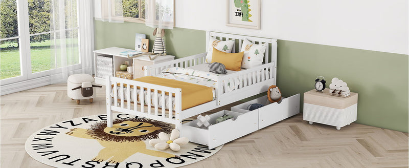 Platform Bed With Guardrails On Both Sides And 2 Storage Drawers