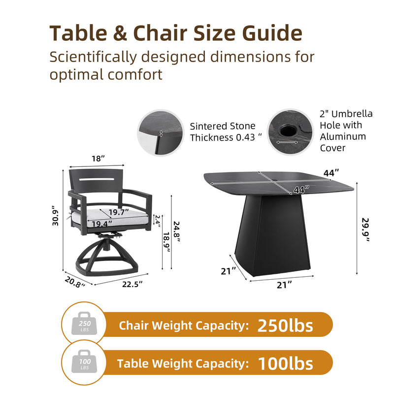 Outdoor Patio Dining Set, Squircle Dining Table, Dining Chairs With Sunbrella Cushions