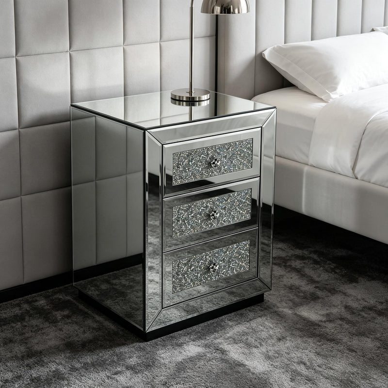 3 Drawer Nightstand With Glass Accents, Bedside Table For Bedroom - Silver