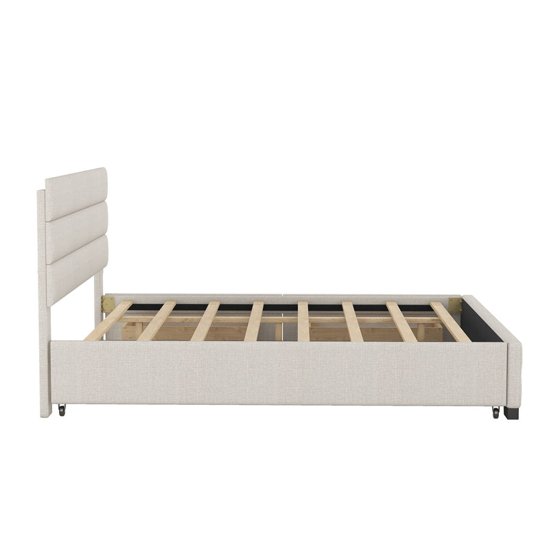Queen Platform Bed With Twin Trundle And 2 Storage Drawers - Beige