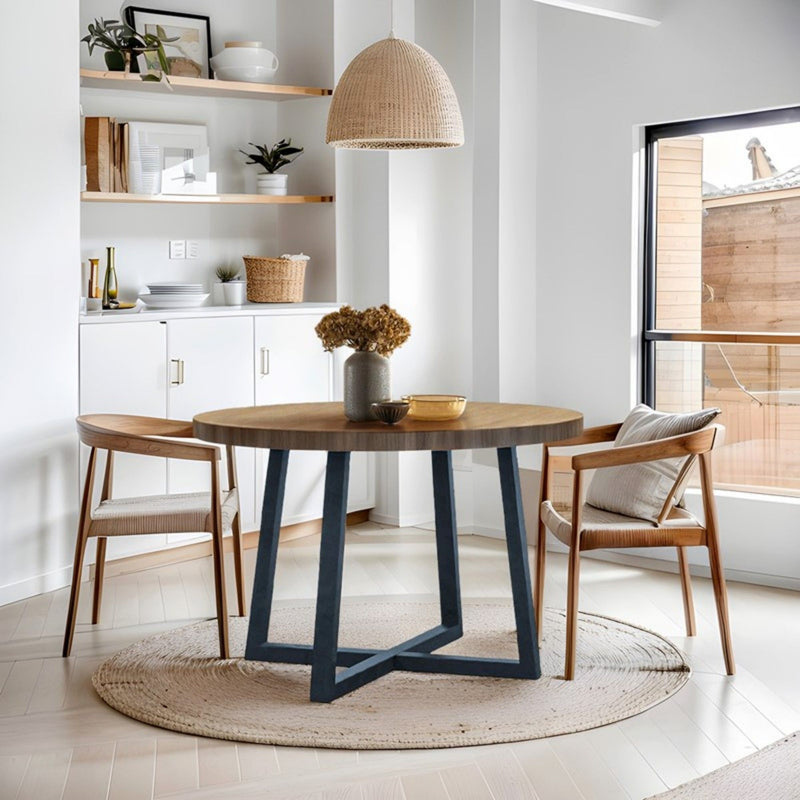 Round Dining Table With Wire Brushed Mindi Top And Mahogany Base - Wheat