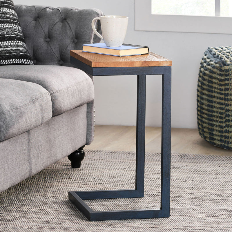 C Shaped End Table With Iron Base And Fir Wood To