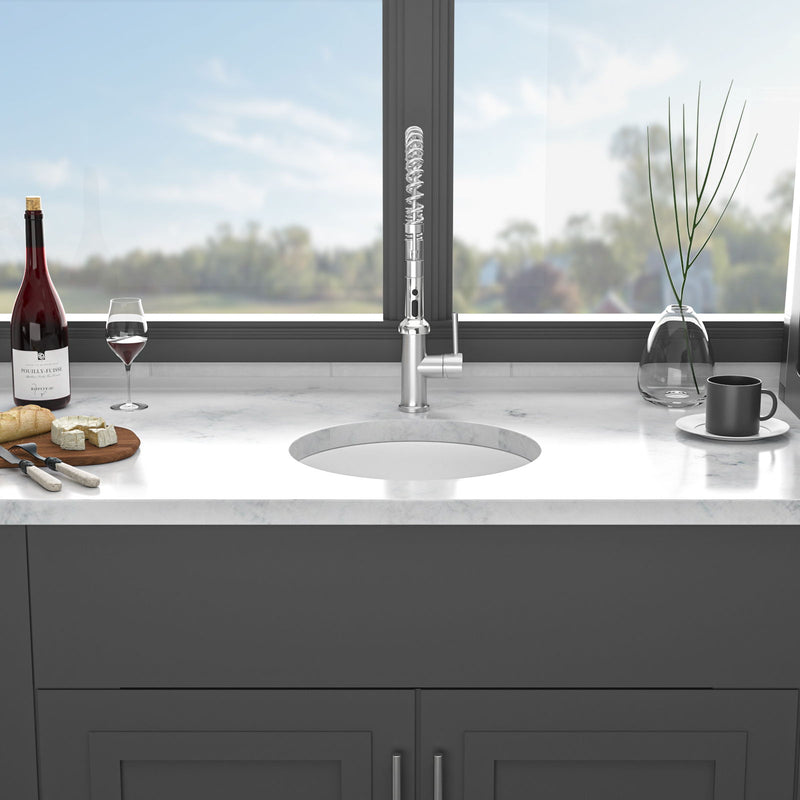 Ceramic Circular Kitchen Sink With Drain Assembly And Bottom Grid, 18" Dual Mount - White