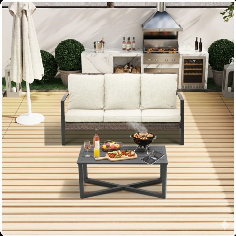2 Piece Patio Set With Cushions & Coffee Table