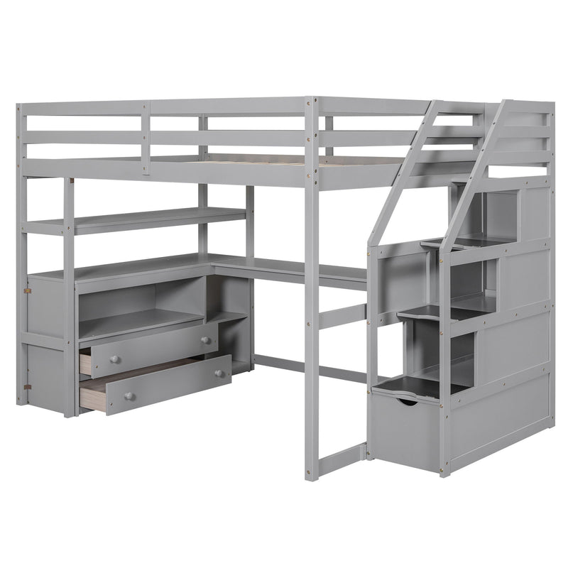 Loft Bed With Desk, Shelves, 2 Drawers, Storage Staircase