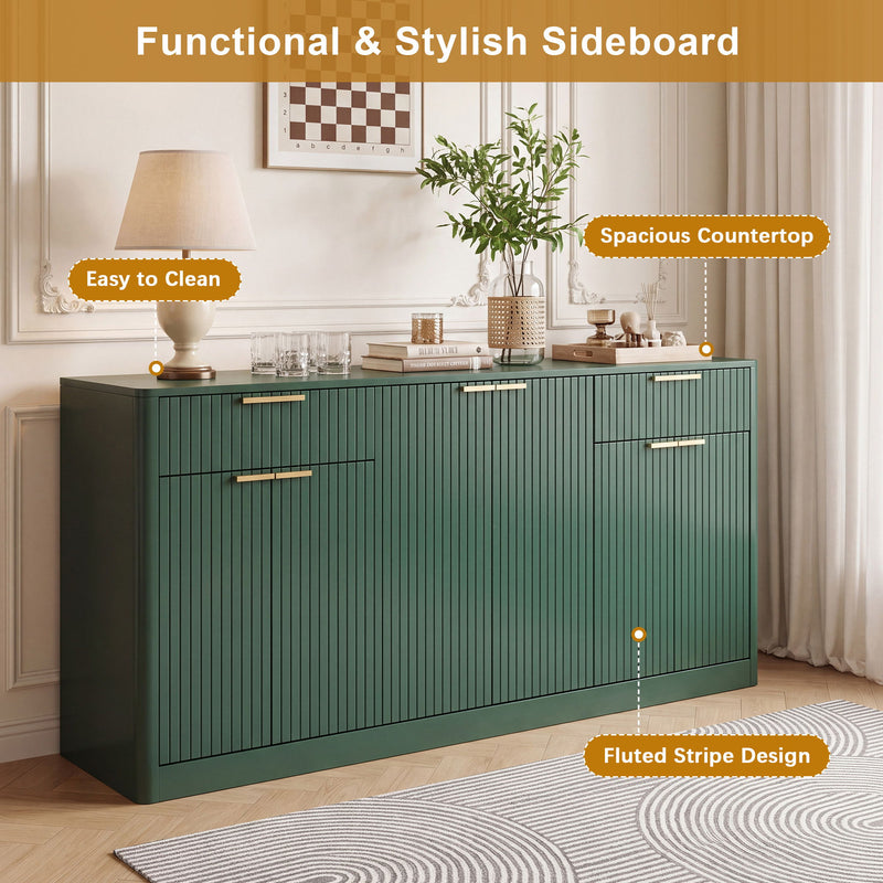 Large Fluted Buffet Sideboard, Wine Bar Storage Cabinet With 6 Doors & 2 Drawers