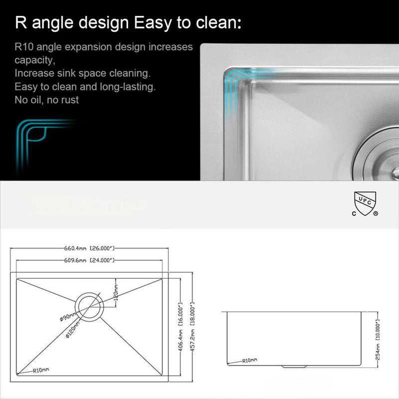 Modern Undermount Stainless Steel Kitchen Sink 16 Gauge, Deep Single Bowl