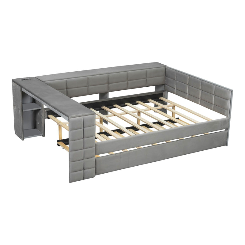 Upholstered Platform Bed With Storage Shelves, Desk, Charging Station And Trundle