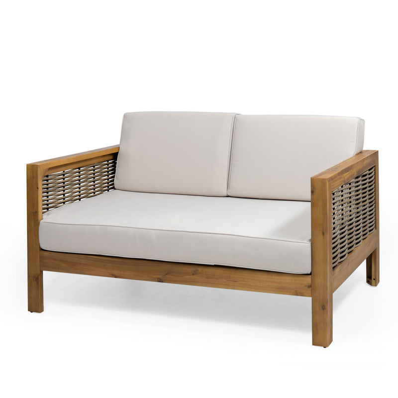 Outdoor 4 Seater Acacia Wood Chat Set With Wicker Accents And Cushions - Teak / Mixed Brown / Beige