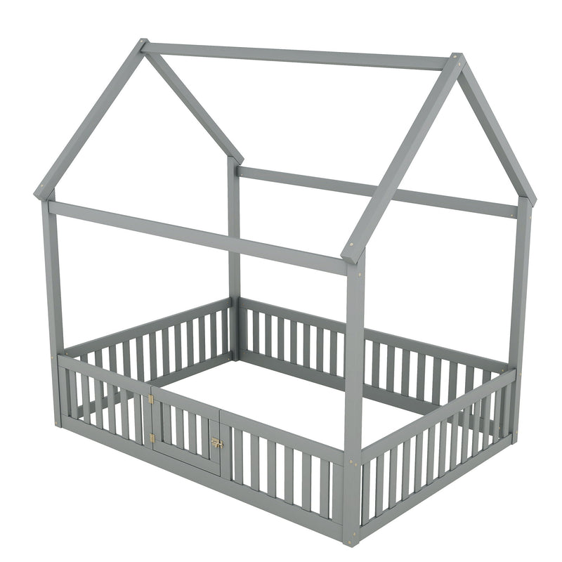 Wood House Bed With Fence And Door