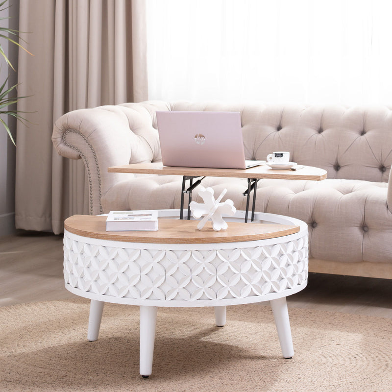 Round Coffee Table With Storage - White / Light Oak