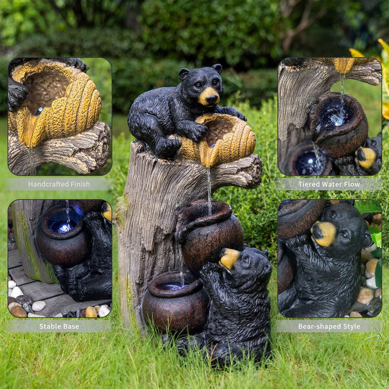 Bear Tree Stump Outdoor Water Fountain With LED Lights - Brown Gray
