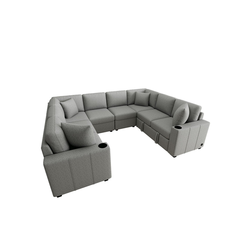 Modern U-Shaped Sectional Sofa Convertible Pull-Out Sofa Bed With USB Ports And Cup Holders