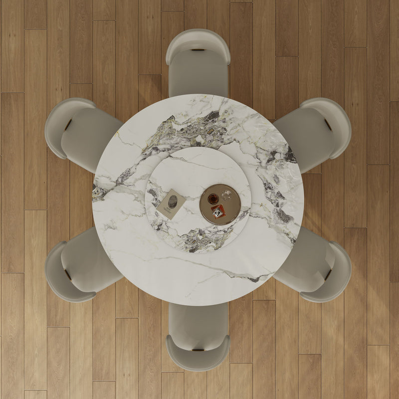 Luxury Round 59" Sintered Stone Dining Table With Stainless Steel Hourglass Base, Scratch & Heat Resistant Surface - Golden / White