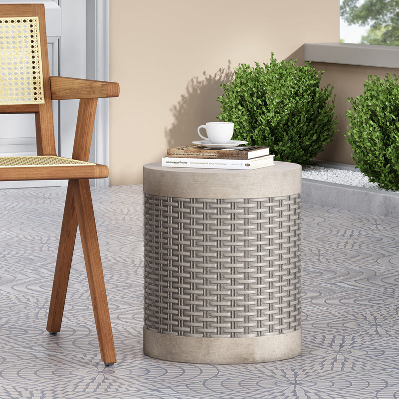 Outdoor Lightweight End Table Round Concrete Outdoor Side Table - Light Gray