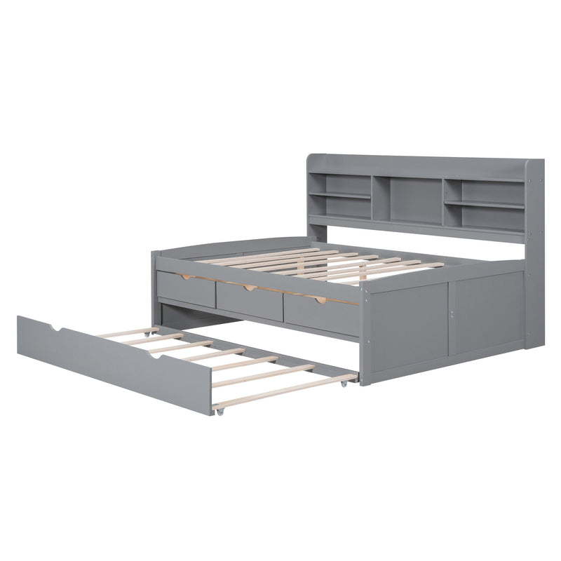 Captain Bed With Built In Bookshelves, 3 Storage Drawers, And Trundle