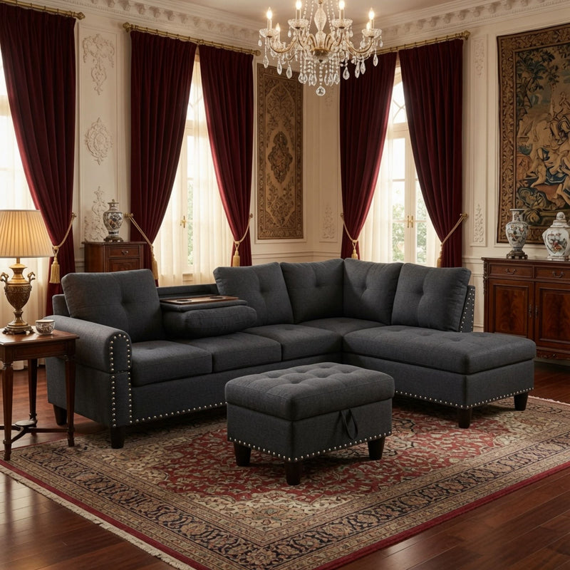 L - Shaped 3 Piece Sectional Sofa With Chaise, Storage Ottoman & Cup Holders