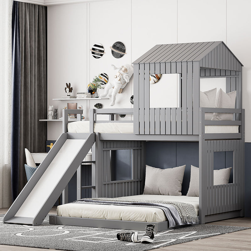 Loft Bunk Bed With Playhouse, Farmhouse, Ladder, Slide And Guardrails