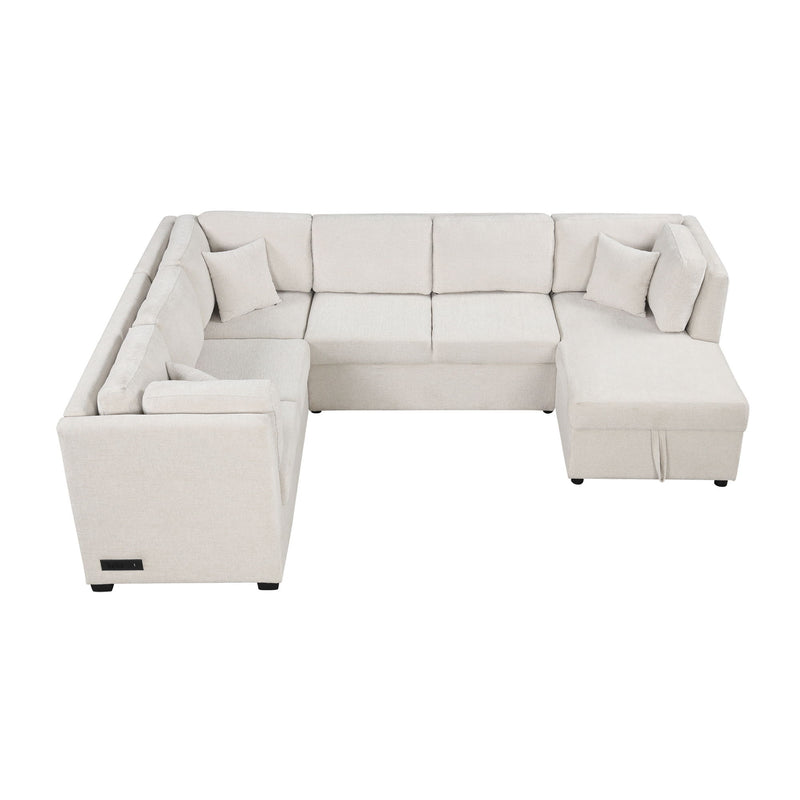 U-Shaped Sectional Sofa Pull Out Sofa Bed With Two USB Ports, Two Power Sockets, Three Back Pillows And A Storage Chaise For Living Room