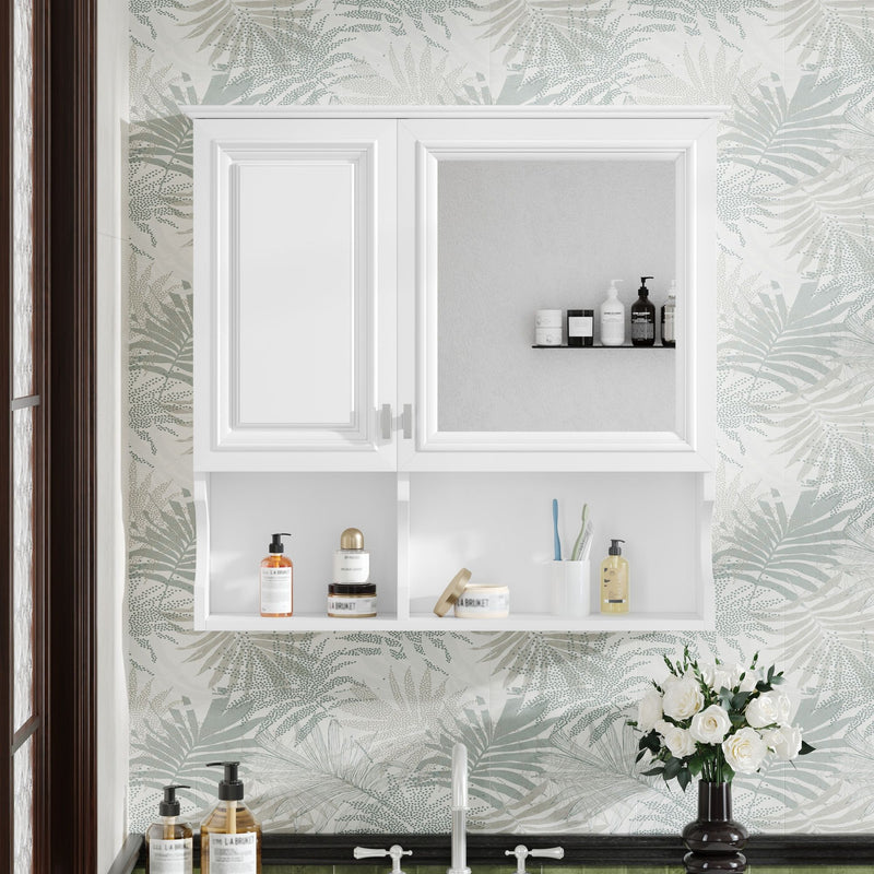 Wall Mounted Mirror Medicine Cabinet, Bathroom Storage With Doors And Open Shelves