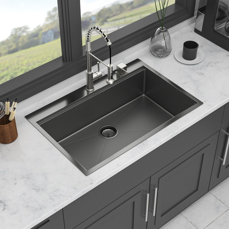 33" Drop In Kitchen Sink With Ledge Workstation, 16 Gauge Stainless Steel - Gunmetal Black