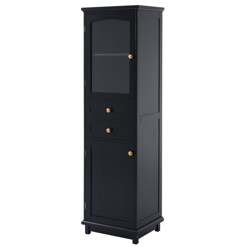 Tall Bathroom Storage Cabinet With Glass Doors, Free-Standing, Two Drawers, And Adjustable Shelves, Board, Painted Perfect For Displaying Your Favorite Items