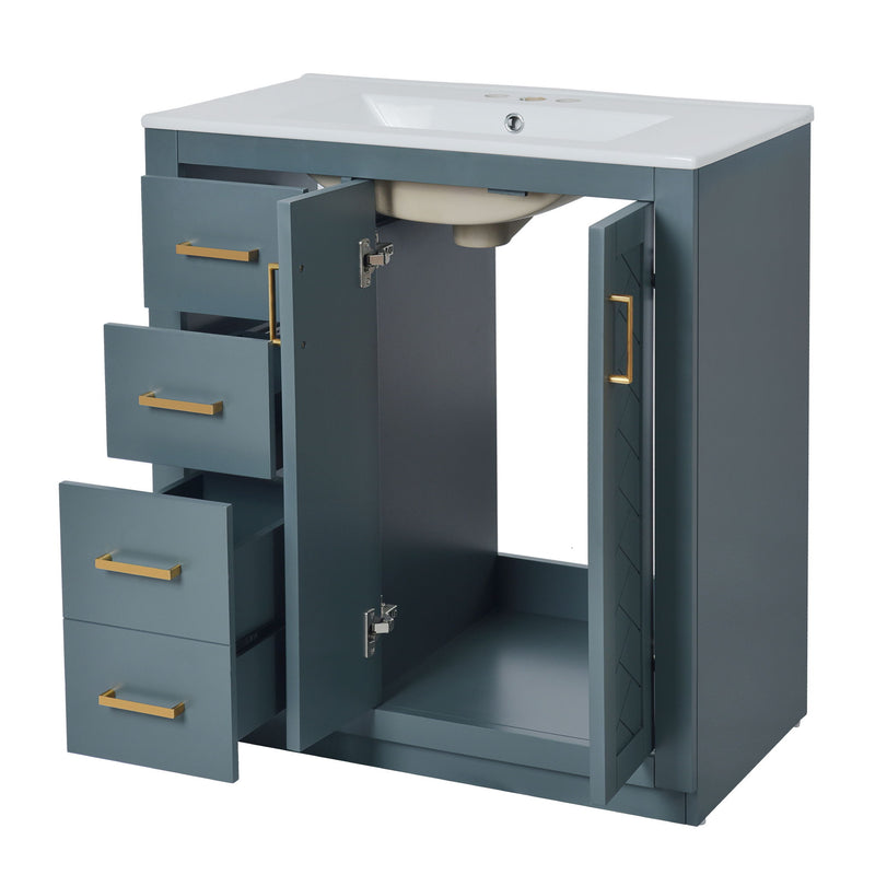 Ceramic Sink Combo, Freestanding Vanity Set With 3 Drawers & Soft Closing Doors