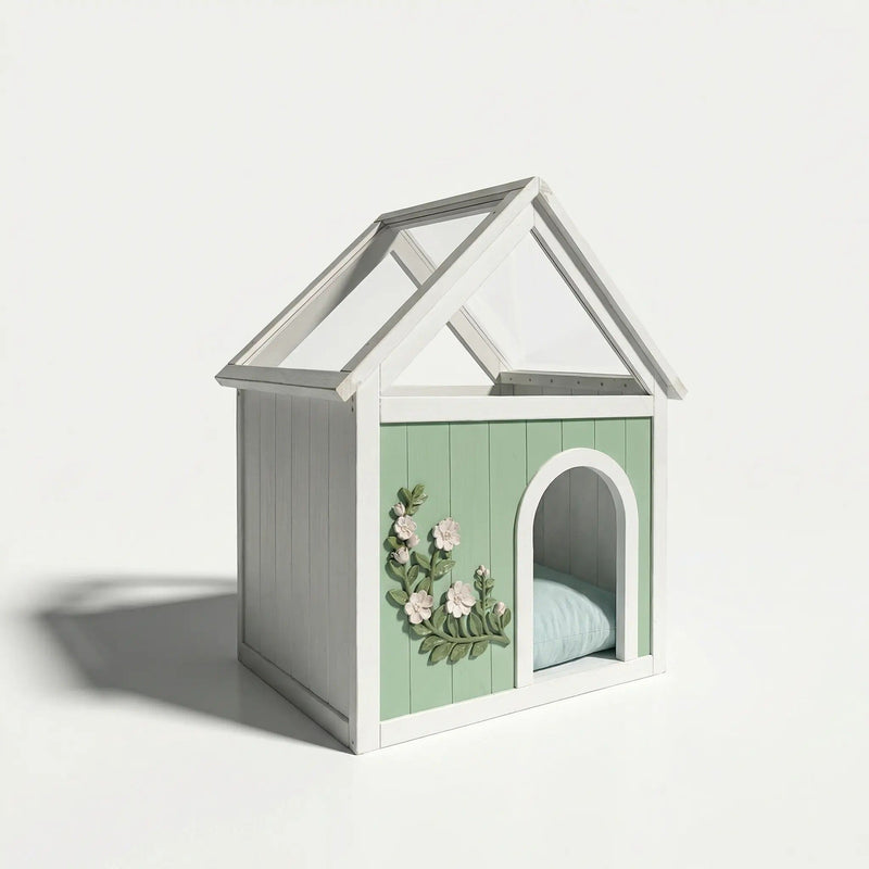 Indoor Cat House With Clear Roof Pet House For Small Cats & Dogs - Mint / White