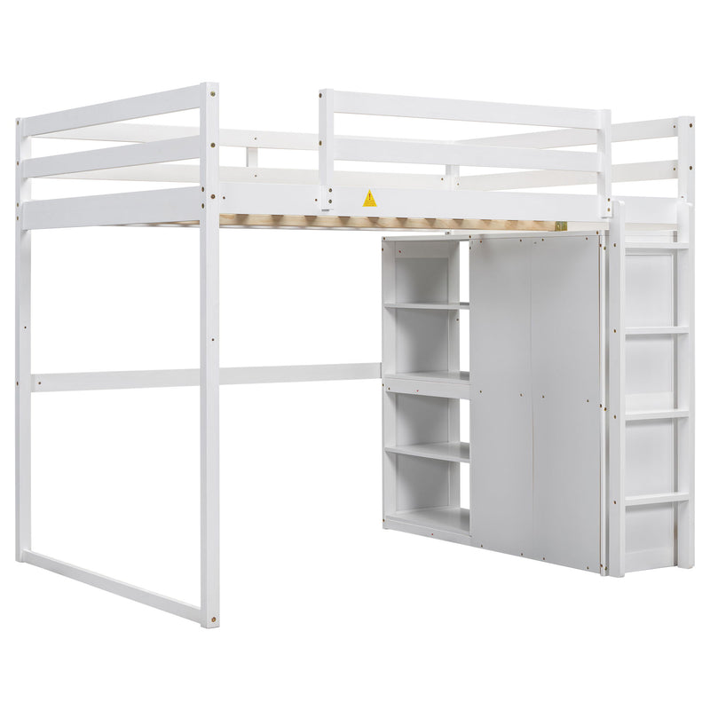 Loft Bed With Built In Wardrobe, Storage Shelves, And LED Light
