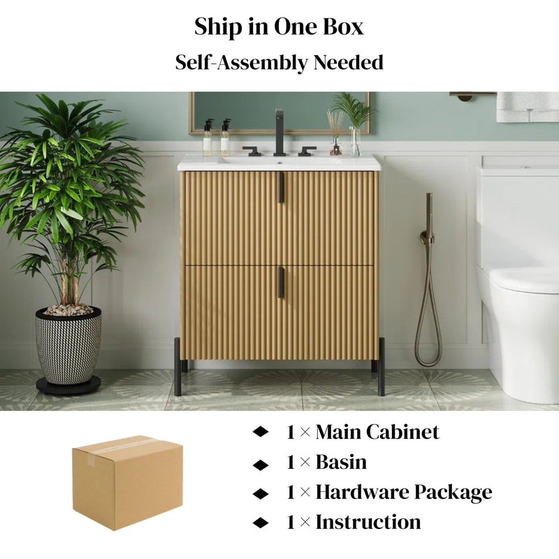 Fluted Bathroom Vanity With Ceramic Sink, Freestanding Design