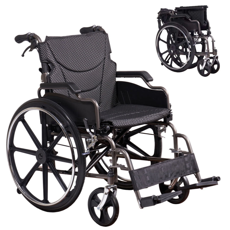 Lightweight Wheelchair Foldable For Adults, Manual Transport Chair With Double Brakes