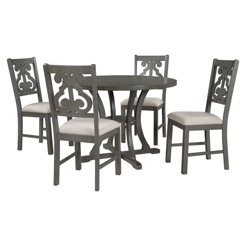 5 Piece Round Dining Table And Chair Set With Unique Legs And Hollow Chair Back