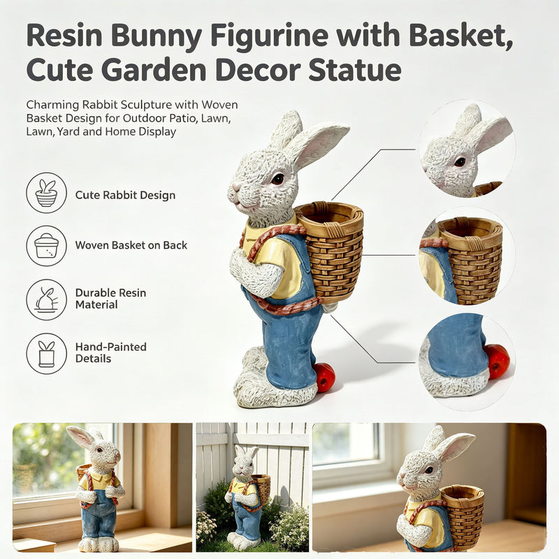Simulated Couple Rabbit Statue Flower Pot Ornament, Resin Garden Sculpture Decor - Blue / White