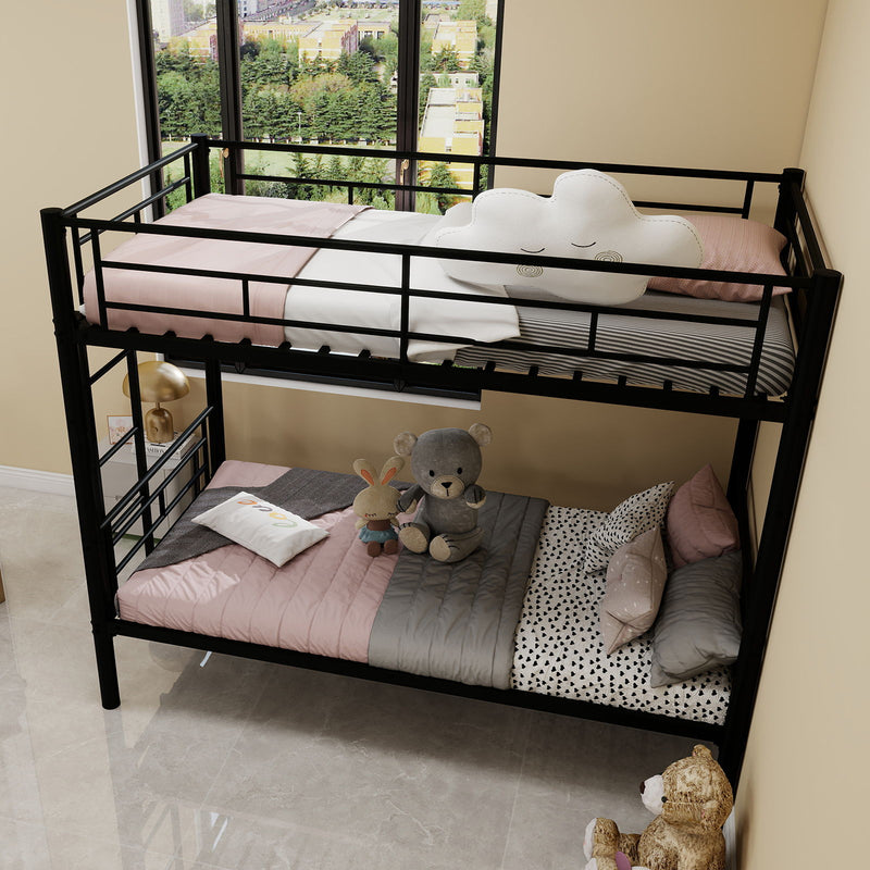 Metal Bunk Bed For Kids, Convertible Bedframe With Ladders & Guardrail