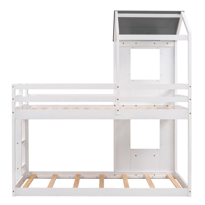 Bunk Bed Wood Bed & Roof, Window, Guardrail, Ladder